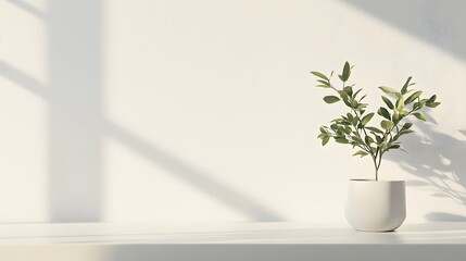 Fototapeta premium Minimalist White Tabletop Mockup with Potted Plant and Natural Lighting for Product Display