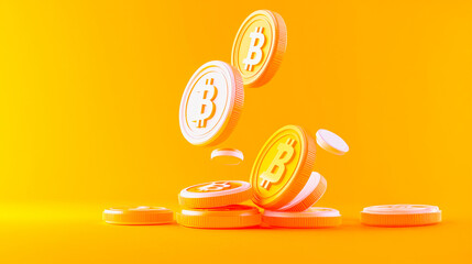 Bitcoin Bonanza:  A vibrant 3D rendering of Bitcoin coins falling onto a pile, set against a sunny yellow background.  The image evokes a sense of financial success and cryptocurrency growth.