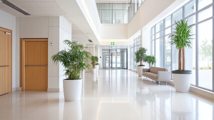 Modern hallway with large windows, plants, and minimalist design, creating bright and inviting atmosphere