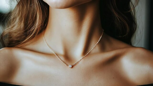 A woman wears a simple necklace with a single diamond pendant