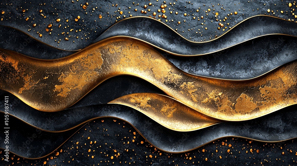 Poster a mesmerizing abstract design featuring wavy patterns in gold and black, creating a striking visual 