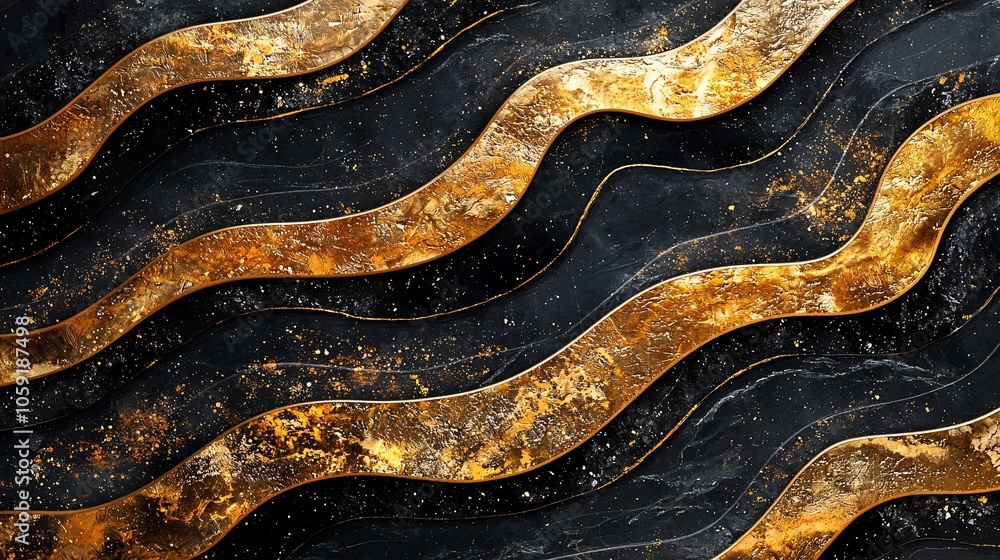 Poster a textured surface featuring wavy gold and black patterns, creating an elegant and modern visual con