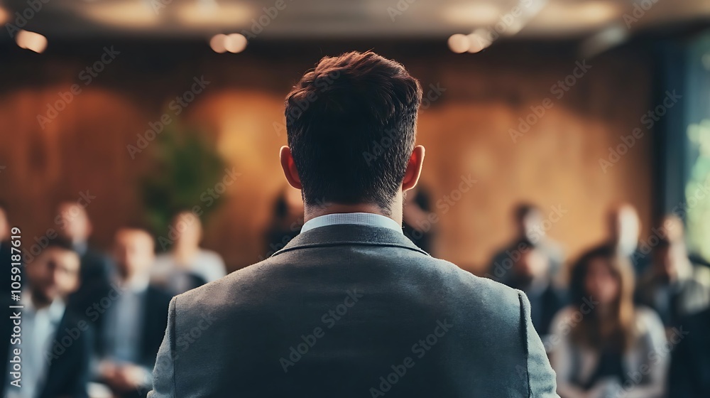Poster business speaker addressing audience plain textured background for web design and copy
