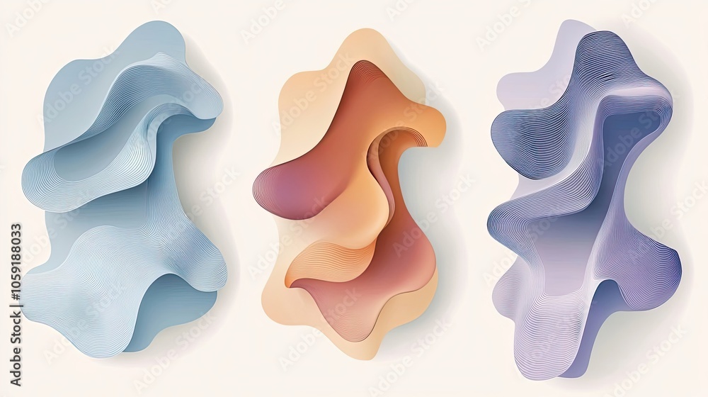 Poster three abstract wavy forms with gradient colors and striped texture