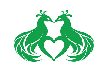 Green Peacock with Heart Vector: Elegant and Ornamental Illustration of a Majestic Bird with Romantic Symbolism