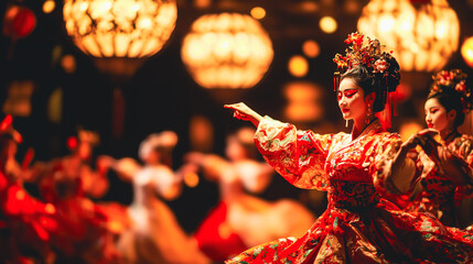 Chinese New Year Performance: A captivating image of a traditional Chinese dance performance, capturing the vibrant energy and intricate costumes of the dancers.