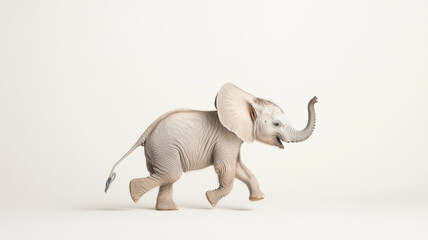 A playful baby elephant joyfully runs across light background, showcasing its adorable features and lively spirit. This charming scene captures essence of youth and curiosity