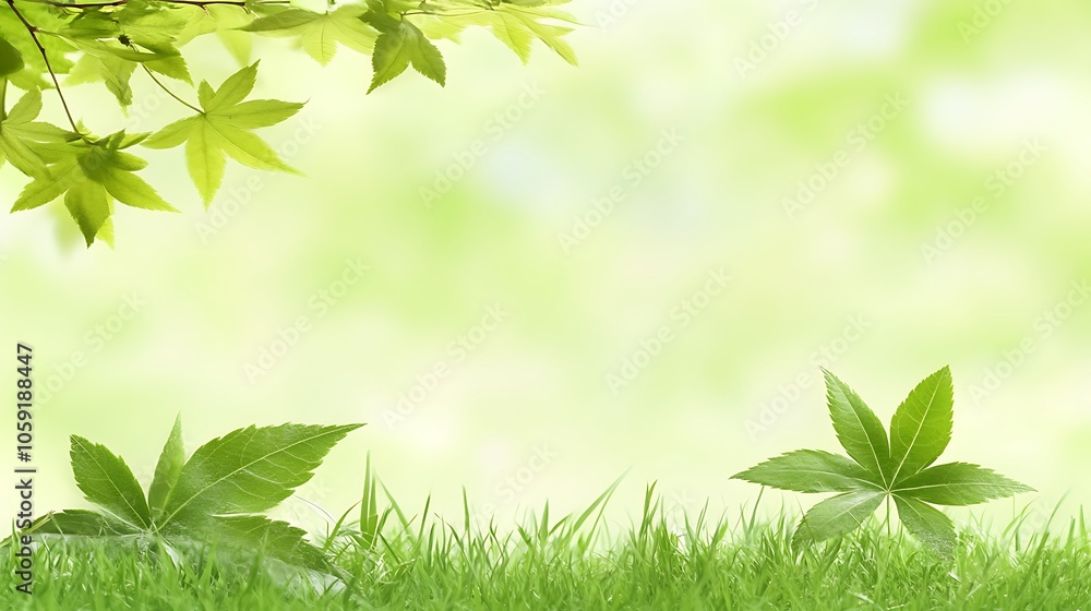Poster green leaves and grass background subtle blur background with space for custom text