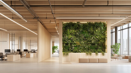 Fototapeta premium A modern office interior featuring vibrant green living wall, wooden accents, and spacious workstations. design promotes refreshing and productive atmosphere