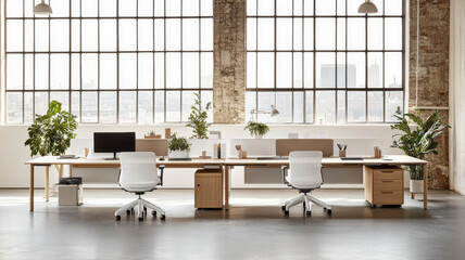 A modern office space featuring large windows, plants, and minimalist furniture creates bright and inviting atmosphere. design promotes productivity and comfort