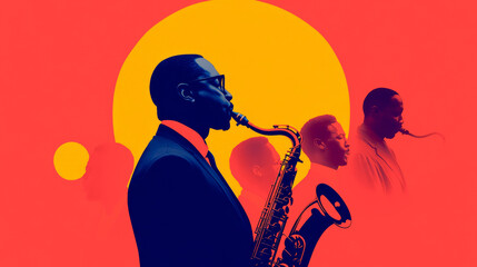Jazz Silhouette: A vibrant silhouette of a saxophonist, illuminated by a warm yellow light against a bold red backdrop. The image evokes the soulful energy and passionate improvisation of jazz music.