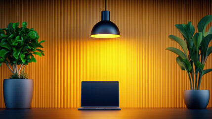 Elegant home office with laptop setup and stylish plants