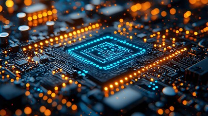 Obraz premium A close-up view of a circuit board featuring a glowing microprocessor surrounded by vibrant LED lights, showcasing advanced technology and intricate design.