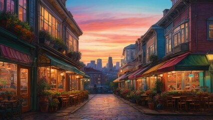 Obraz premium A vibrant hand-drawn cityscape captures a cozy café, charming houses, and a greenhouse, all depicted in low light with colorful pencils and creative patterns.