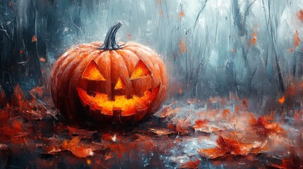 A carved pumpkin sits against an abstract background, celebrating Halloween decorations in autumn