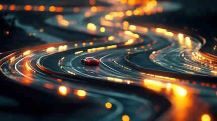 A racing track with twisting traffic. Blurred background, bokeh. The concept of racing and fast driving