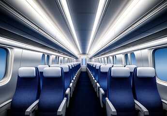 Obraz premium Modern High Speed Train Interior with Blue Seats and Bright Lighting for Comfortable Travel : Generative AI