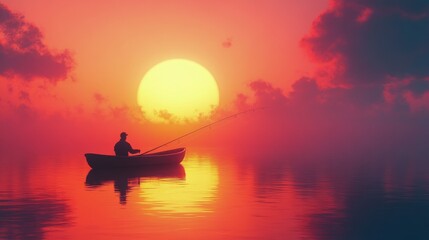 Naklejka premium A lone fisherman stands on rocky terrain under a starry sky while casting his line into the water