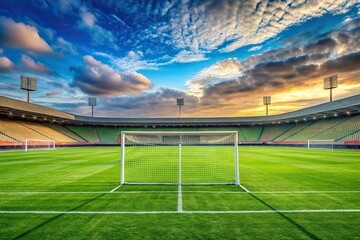 Wide-angle shot of a soccer field with goalposts and a distant stadium, athletic venue, sports field, distance, horizon line