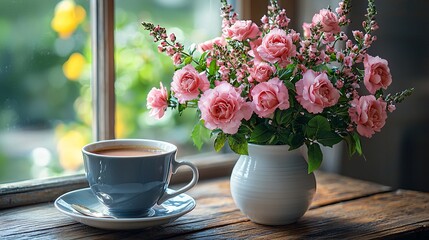 Serene Morning with Coffee and Pink Flowers