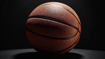 Obraz premium Close-up of an orange basketball with black lines and textured surface against a dark background