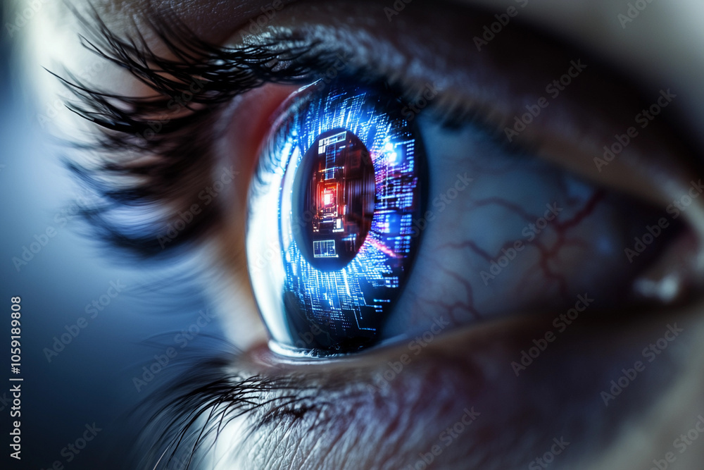 Poster a futuristic eye reflecting digital data and technology