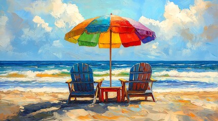 A vibrant beach scene with colorful chairs and an umbrella, inviting relaxation under a sunny sky by the ocean.