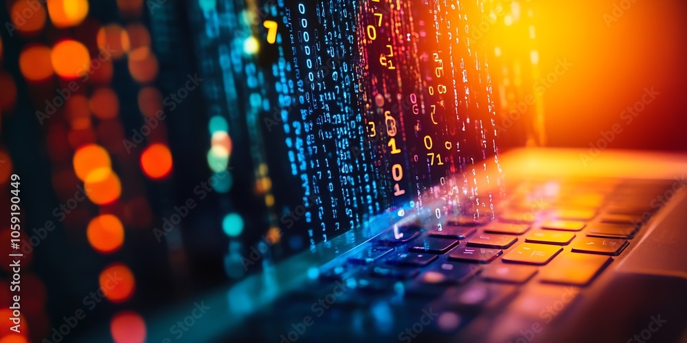 Poster Vibrant Digital Code Matrix on Laptop Screen in Futuristic Cyber Environment : Generative AI