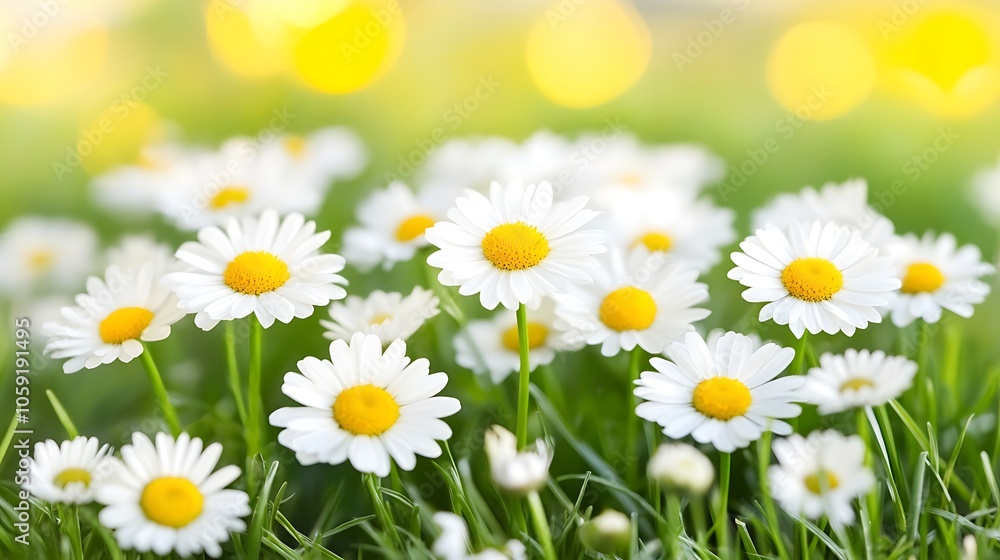 Poster white daisies in a field plain textured background for web design and copy