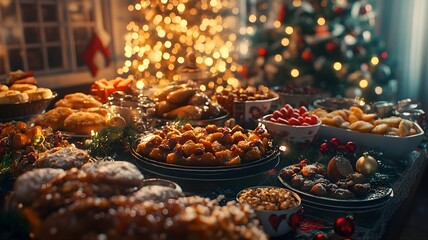 Christmas dinner table full of dishes with food and snacks, New Year's decor with a Christmas tree in the background. Buffet or catering concept