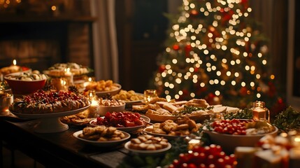 Naklejka premium Christmas dinner table full of dishes with food and snacks, New Year's decor with a Christmas tree in the background. Buffet or catering concept