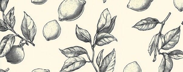 Handdrawn lemons and leaves on pale yellow, seamless pattern, classic summer look