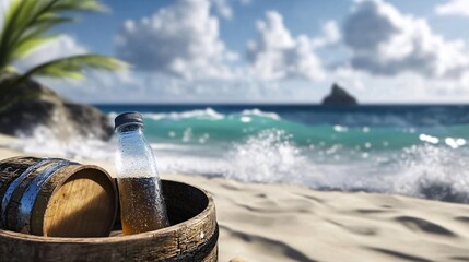 Naklejka premium Chilled drink near the ocean on a sunny beach. 