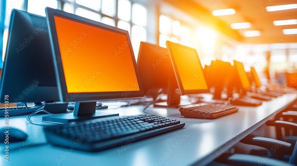 Poster office computers with orange screen smooth blue background with copy space for advertisements