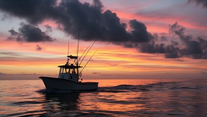 Fototapeta premium A lone fishing boat sails through a picturesque sunrise over the ocean.