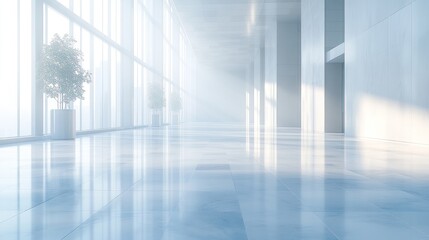 Minimalist hallway with large windows and white walls.