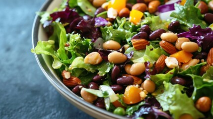 A bowl of colorful salad loaded with leafy greens, nuts, and beans, with an overlay about