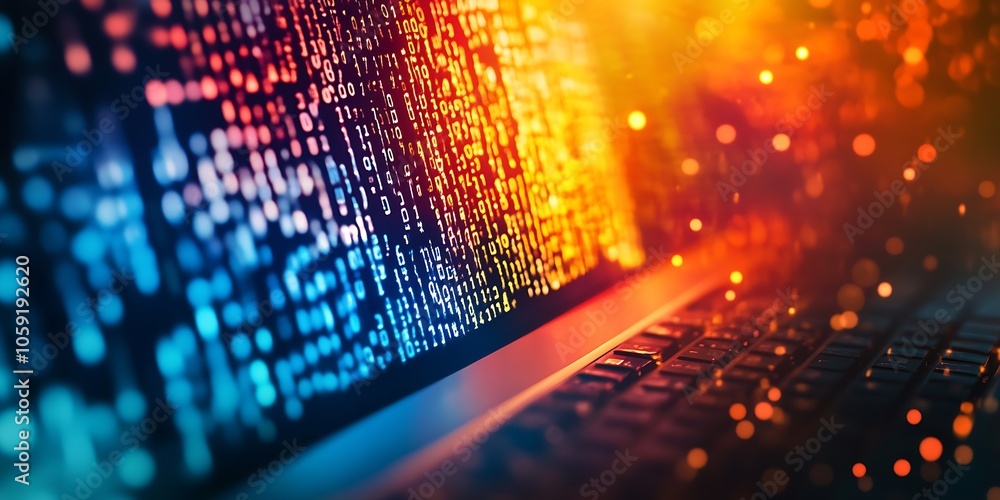 Poster Dynamic Binary Matrix Displayed on Laptop Screen in Cybersecurity Context : Generative AI