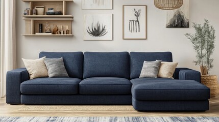 Cozy Modern Living Room with Blue Sofa and Artwork