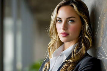 Obraz premium Portrait of confident businesswoman with long blonde hair standing in modern office,symbolizing professionalism,success, leadership,corporate career growth,for business,leadership,empowerment concepts