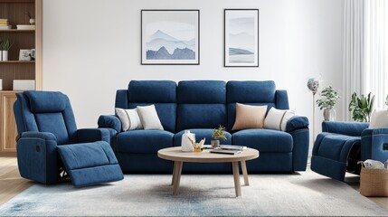 Fototapeta premium Cozy Blue Sofa Set in Modern Living Room