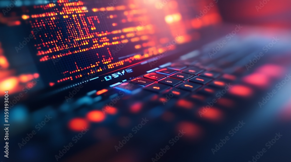 Aufkleber Close-Up of Computer Keyboard with Vibrant Neon Coding Display for Future Tech Innovations : Generative AI