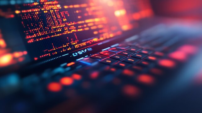 Close-Up of Computer Keyboard with Vibrant Neon Coding Display for Future Tech Innovations : Generative AI