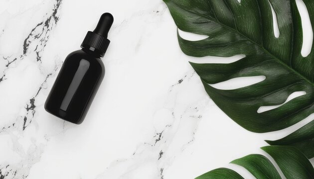 Flat lay of skincare bottles on white marble, with a tropical leaf, ideal for organic beauty, skincare essentials, and wellness themes