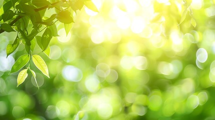 A serene background of green leaves with soft sunlight and bokeh effects, evoking a peaceful nature atmosphere.