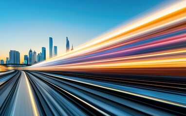 Futuristic city scene with neon light trails and silhouettes, representing innovation, digital transformation, and the vibrancy of modern urban life