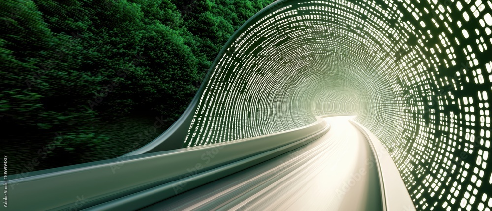 Poster futuristic highway with binary code walls, symbolizing information superhighway, data flow, and rapi