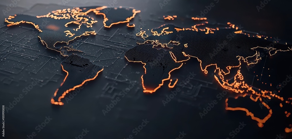 Poster futuristic world map with illuminated connection points, representing global data networks, internet