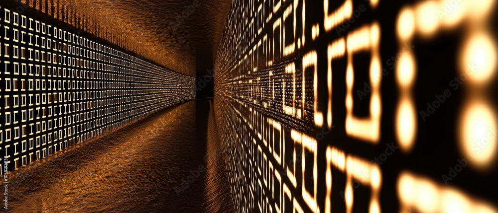 Poster futuristic highway with binary code walls, symbolizing information superhighway, data flow, and rapi