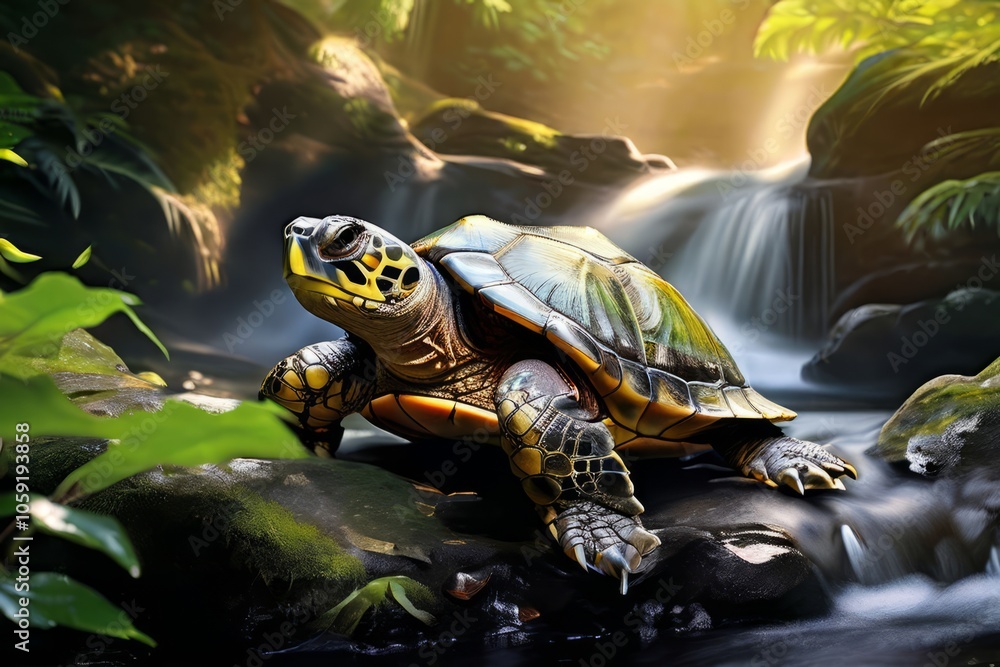 Poster turtle resting on a rock by a waterfalla turtle enjoying the pea